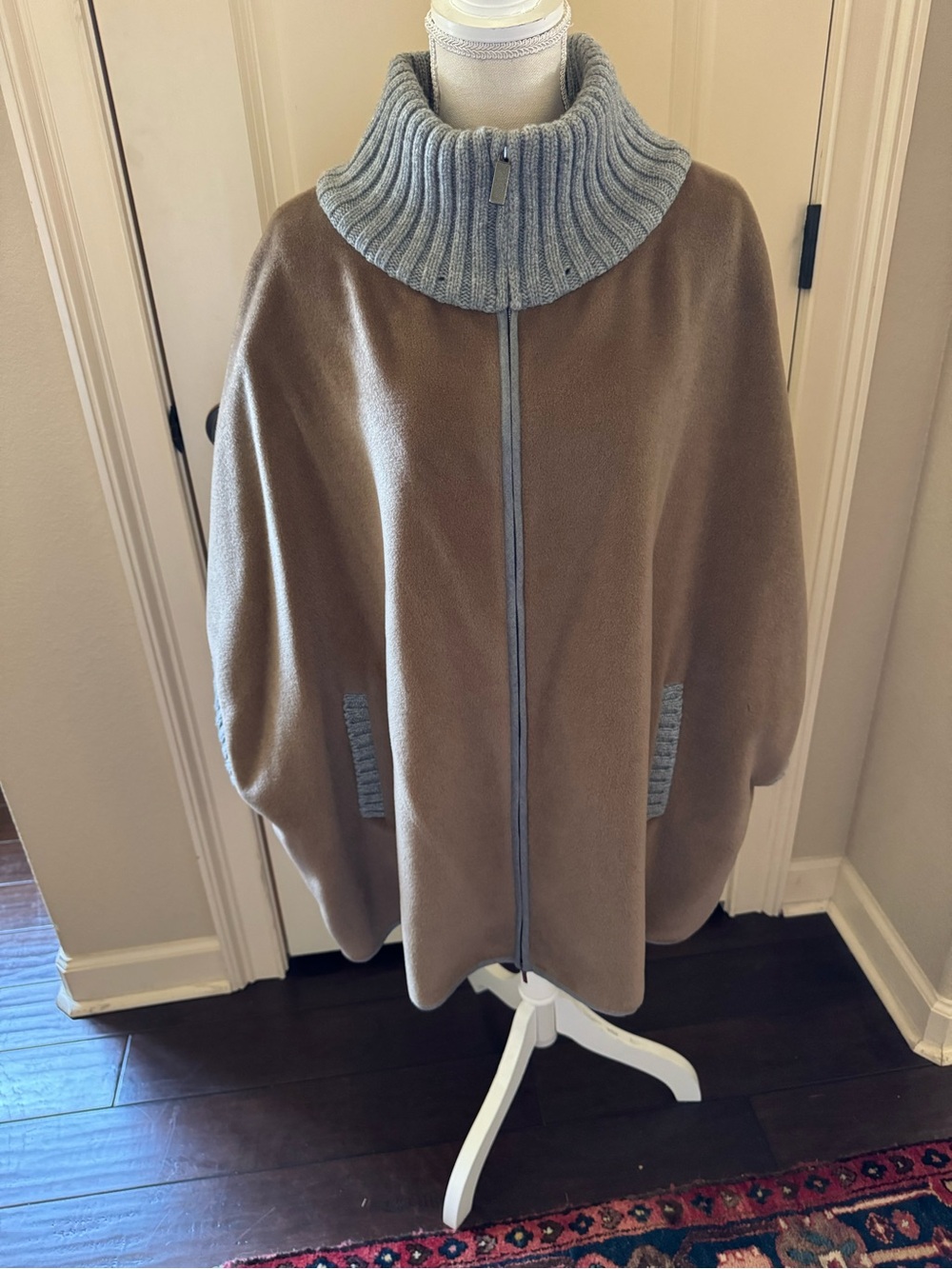 Zip-Front Cape with Contrast Rib Funnel Neck - Taupe & Light Gray